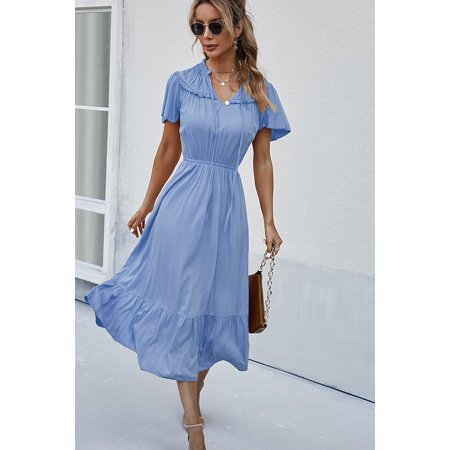 Tie Neck Frill Trim Tiered Midi Dress