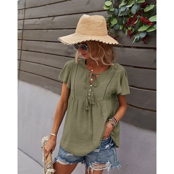 Tie Neck Half Button Flowy Short Sleeve Summer Blouse for Women