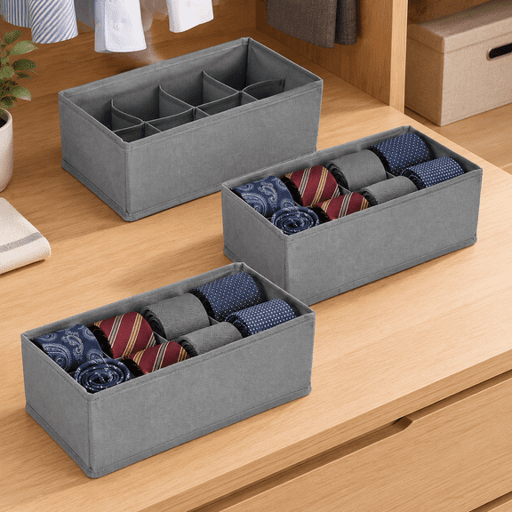 Tie Organiser for Drawer, 8 Compartment Fabric Storage Boxes, Foldable Wardrobe Drawer Organiser for Ties, Belts, Socks, Underwear & Accessories, Grey, 11 x 5.9 x 3.9 in