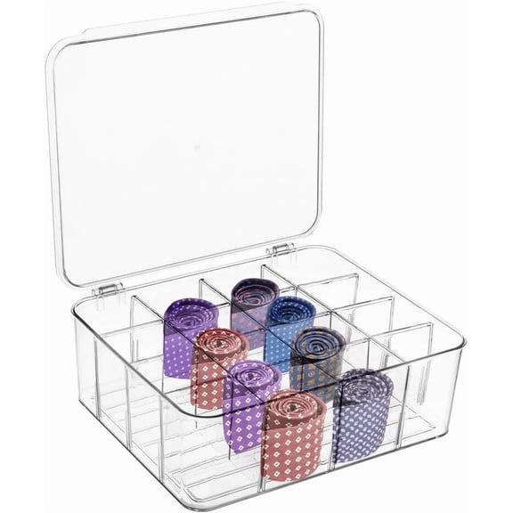 Tie Organizer Box, 16-Cell Clear Tie Rack Organizer, Stackable Tie Display Rack, Drawer Closet Storage Bin with Lid, Storage Box for Ties (16 Cell)