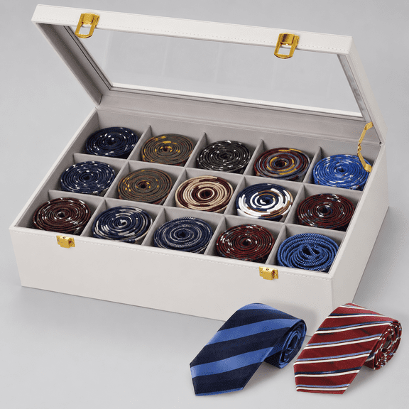 Tie Organizer for Drawer, Luxury Tie Storage with Glass Lid, Lockable Jewelry, Dresser Storage Box, Elegant Gift for Women or Men, White