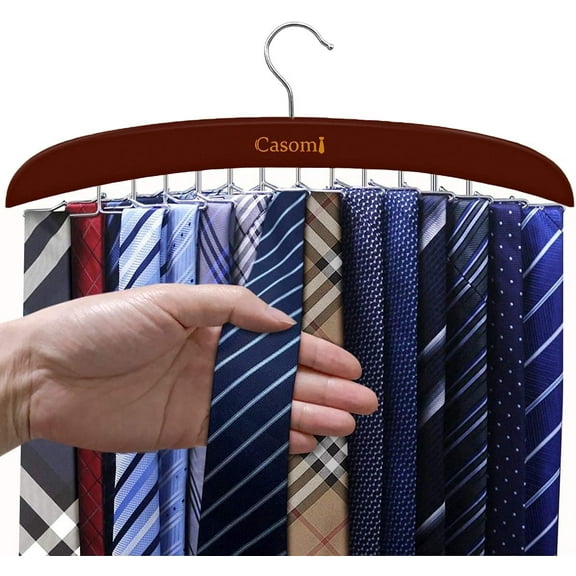 Tie Rack,24 Hook Tie Holder,360 Rotating,Foldable Metal Hooks,Tie Hanger Organizer for Closet Wooden Belt Storage Rack for Men Ties Belts Scarves Accessories(Red Brown)