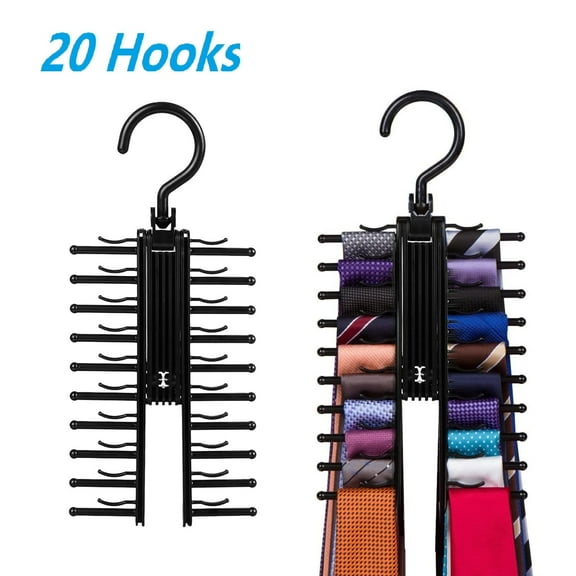 Tie Rack Hanger, DISEN Tie Rack Holder with 20 Hooks Non-Slip Clips, 360 Degree Swivel, Space Saving Plastic Tie Organizer