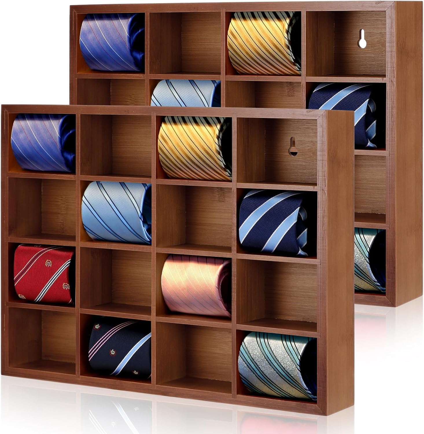 Tie Rack Wall Mounted Tie Box Organizer with 16 Compartments Bamboo Belt  Holder for Men Scarf Necktie Home Wall Closet(Dark Brown Color,2 Piece) -  Walmart.com, image size:1466x1500