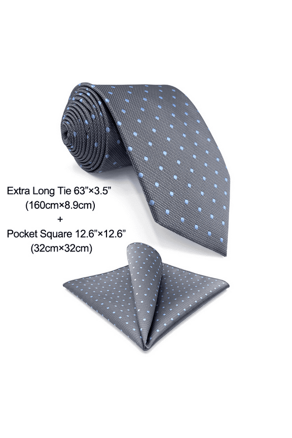 Tie Set Grey Blue Dots Neckties for Men Long 63 inches with Hanky XL