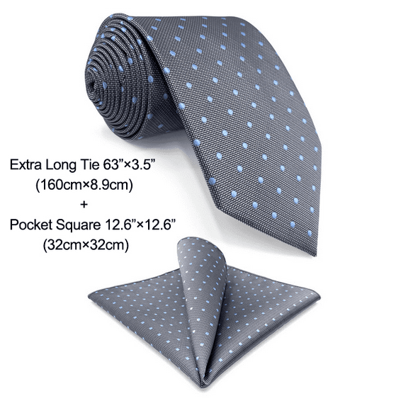 Tie Set Grey Blue Dots Neckties for Men Long 63 inches with Hanky XL