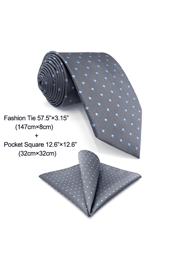 Tie Set Grey Blue Dots Neckties for Men Silk 57.5 inches with Hanky