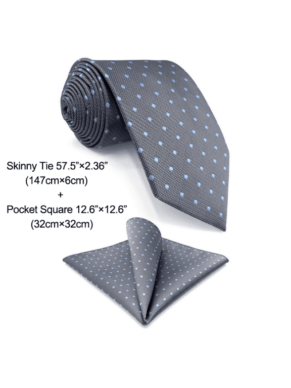 Tie Set Grey Blue Dots Neckties for Men Skinny with Hanky Slim