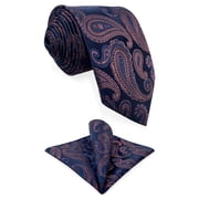 Tie Set for Men Paisley Necktie Pocket Square Combo Navy Blue Copper Bronze for Wedding Classic 57.5"