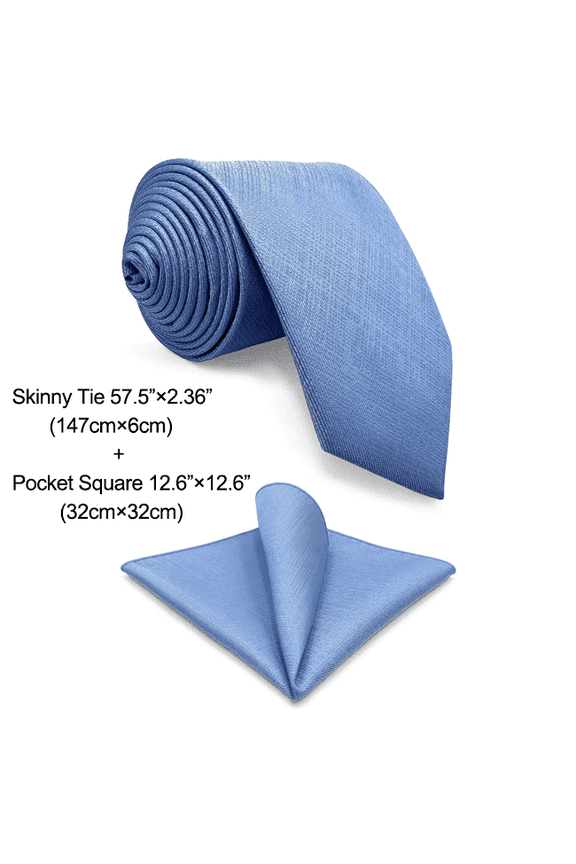 Tie Sets for Men Dress Neckties Light Blue Solid Skinny Size 2.36" with Pocket Square