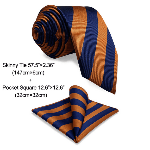 Tie Sets for Men Necktie and Pocket Square Blue and Orange Stripe Skinny Size 2.36" with Pocket Square