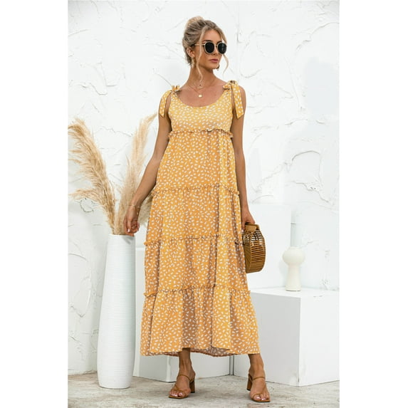 Tie Shoulder Round Neck Printed Tiered Dress Above Ankle Length