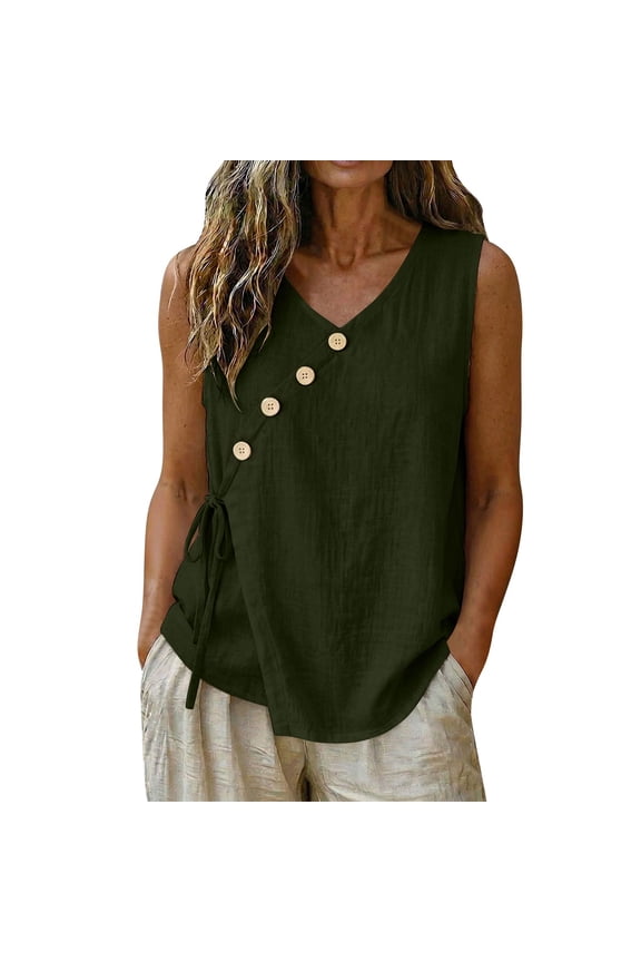 Tie Side Linen Tank Tops for Women V Neck Wrap Loose Tunic Blouse Sleeveless Summer Dressy Going Out Shirts