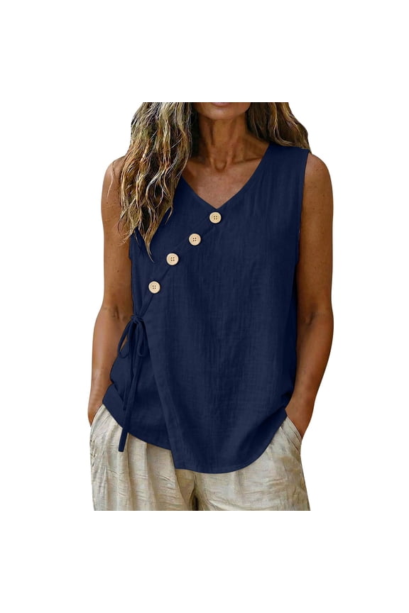 Tie Side Linen Tank Tops for Women V Neck Wrap Loose Tunic Blouse Sleeveless Summer Dressy Going Out Shirts