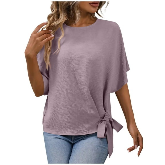 Tie Side Tops for Women Fashion Solid Color Crew Neck Short Sleeve Shirts Summer Casual Loose Fit Blouses (XL, Purple)