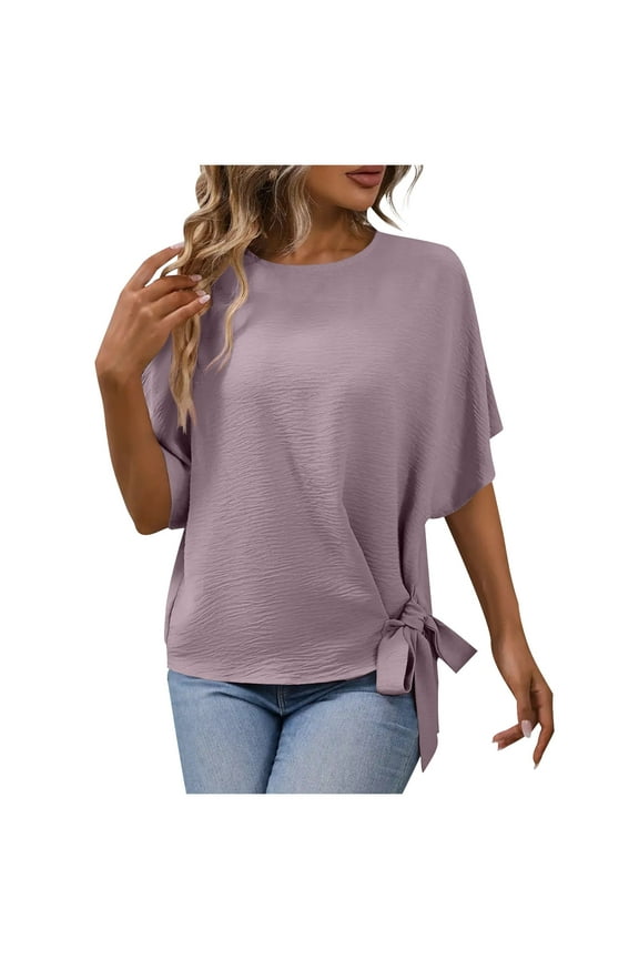 Tie Side Tops for Women Fashion Solid Color Crew Neck Short Sleeve Shirts Summer Casual Loose Fit Blouses (XL, Purple)