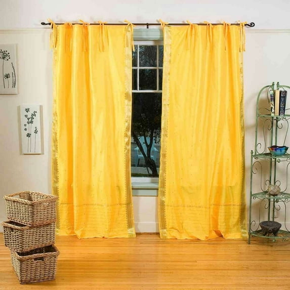 Tie Top Sheer Sari Curtains 43"W x 36"L matching tiebacks- Handcrafted Yellow Indian Drapes Unlined for light & airy ambience Perfect for Living/Bedroom/Dining Room Sold in Pairs