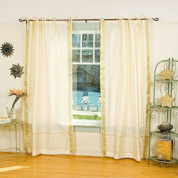 Tie Top Sheer Sari Curtains 80" W X 63" L matching tiebacks- Handcrafted Cream Indian Drapes Unlined for light & airy ambience Perfect for Living/Bedroom/Dining Room Sold in Pairs