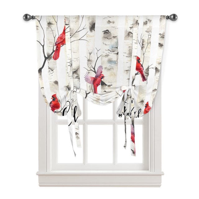 Tie Up Curtains Christmas Birch Tree Branch Cardinal Bird Bathroom