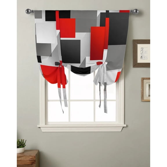 Tie Up Curtains Geometric Red Black Gray Solid Abstract Kitchen Short Window Curtain Modern Home Decor Small Window Roman