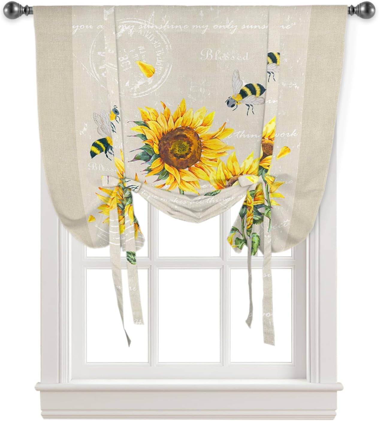 Tie Up Curtains Window Shades, Sunflower Retro Flower And Bee Farmhouse ...