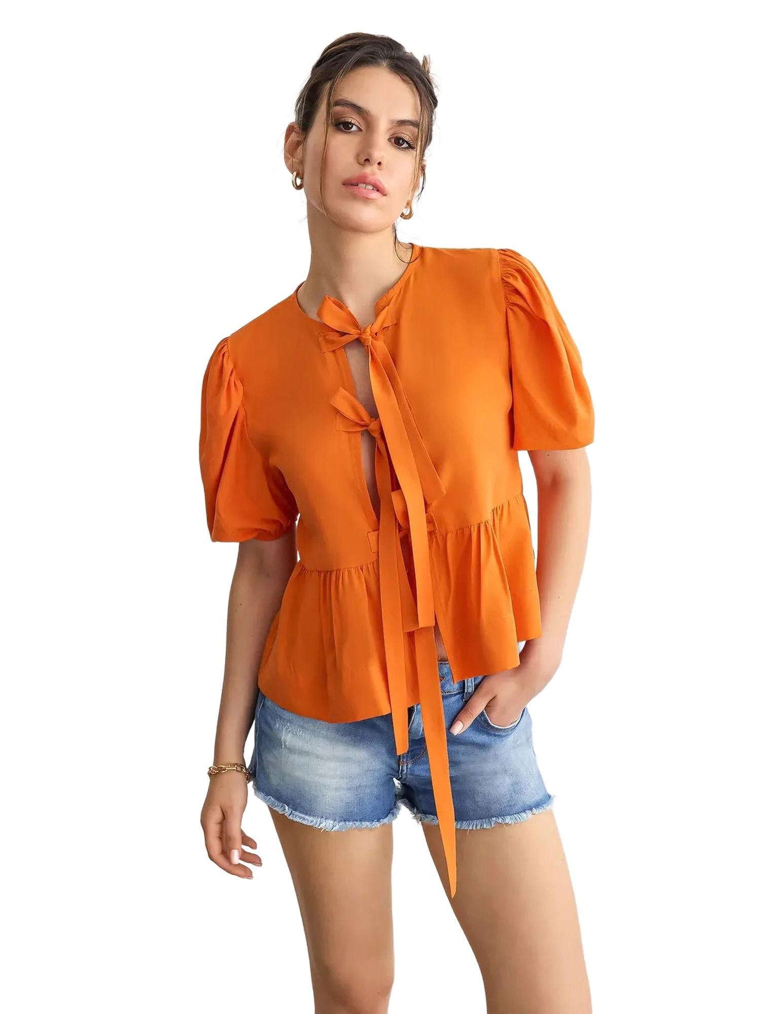 TieUp Neck Blouse with Puff Sleeves — free download
