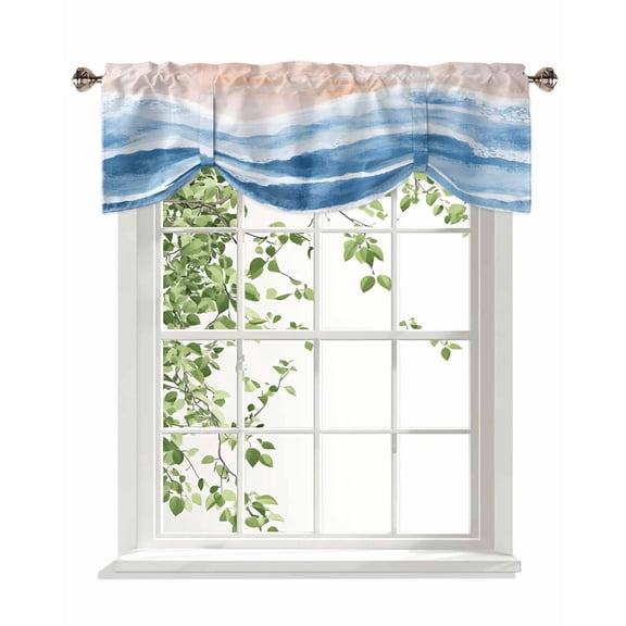 Tie Up Valance Curtain for Kitchen, Beach Blue Waves Gradient Water Ripple Rod Pocket Short Curtains Adjustable Tie-Up Shade Valances, Abstract Geometric Style Window Treatment for Bedroom 42x12in