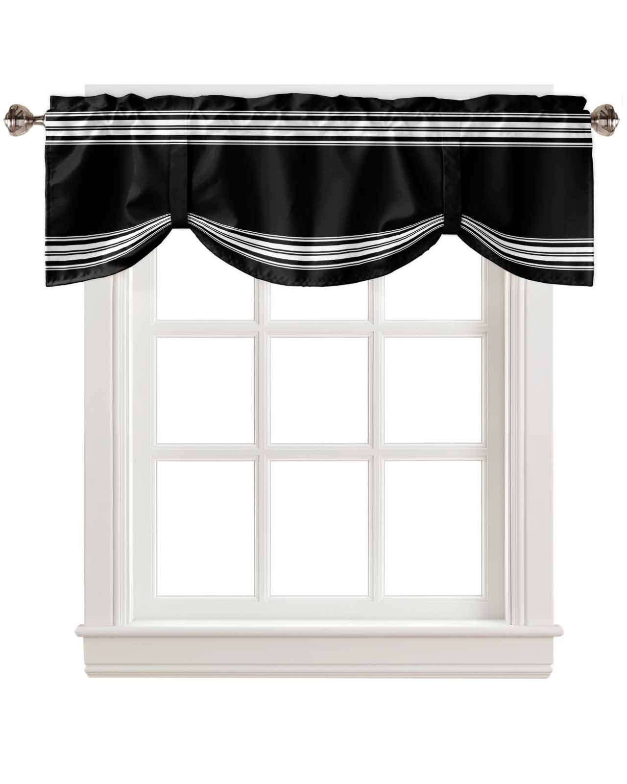 Tie Up Valance Curtain for Kitchen,Black White Stripes Rod Pocket Short ...