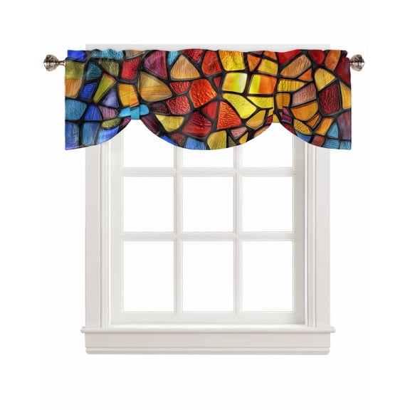 Tie Up Valance Curtain for Kitchen,Colorful European Stained Glass Texture Rod Pocket Short Curtains Adjustable Tie-Up Shade Valances,Irregular Geometric Window Treatment for Bathroom Bedroom