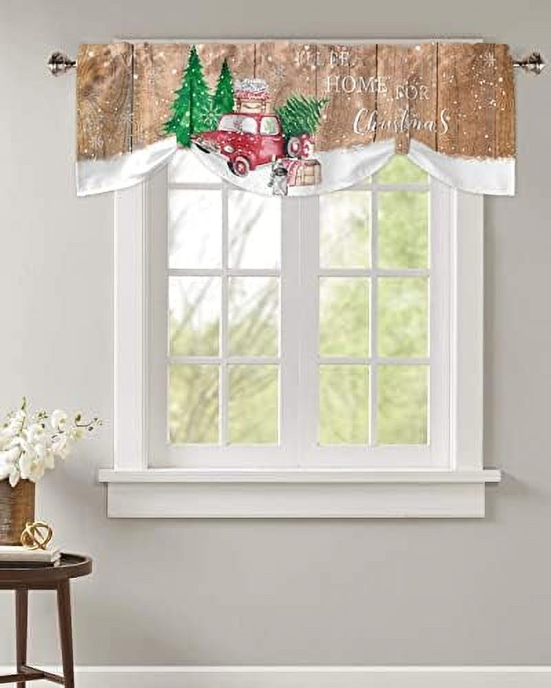 Tie Up Valance for Kitchen Windows Christmas Snowman Tree Poinsettia