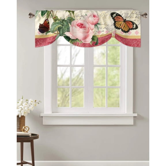 Tie Up Valance for Windows Antique Plant Flower Pink Rose Butterfly Kitchen Curtains Balcony Adjustable Roman Blinds Small Short Curtain for Living Room