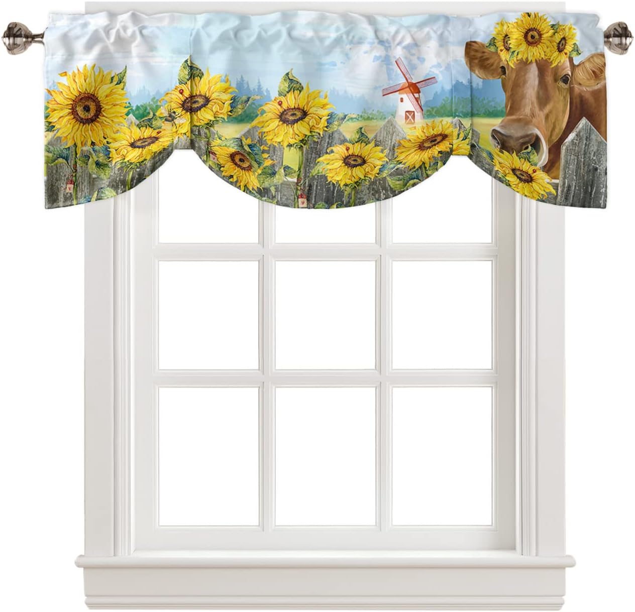 Tie Up Valance for Windows Cow with Sunflower Kitchen Curtains Valances