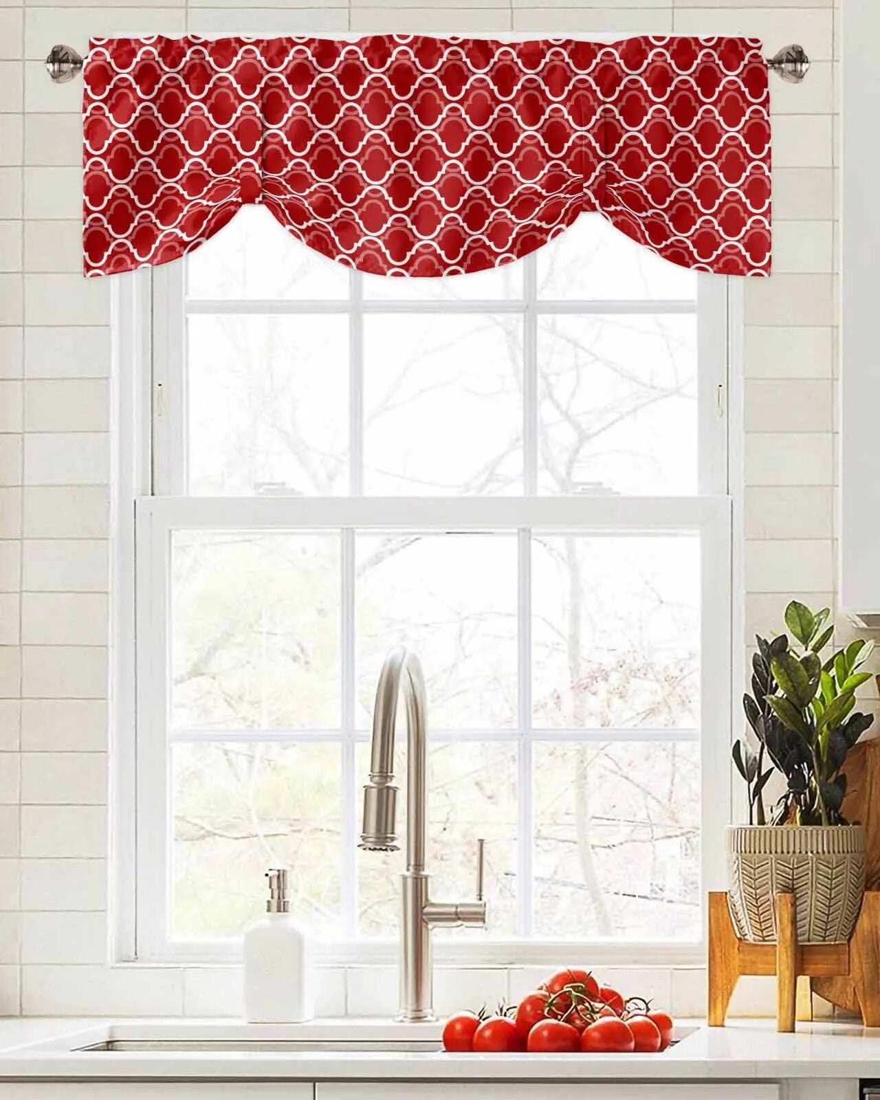 Tie Up Valance for Windows Red Geometric Figures Moroccan Pattern Short