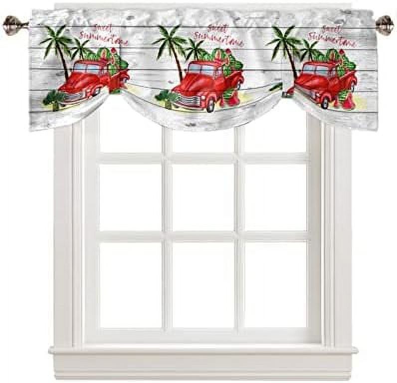 Tie Up Valance for Windows Red Truck with Watermelon Kitchen Curtains