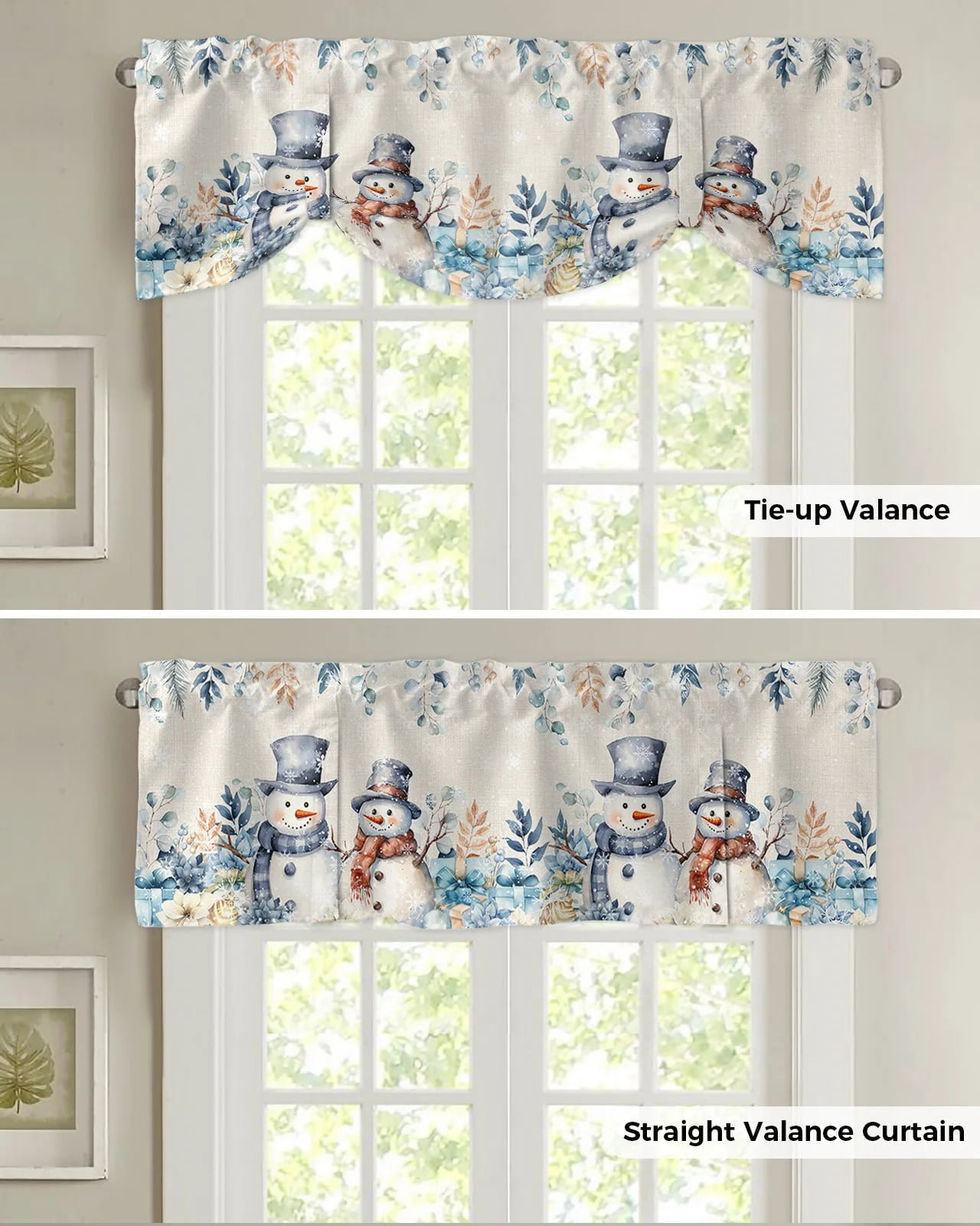 Tie Up Valance for Windows Snowman Christmas Tree Snowflake Wood Grain ...