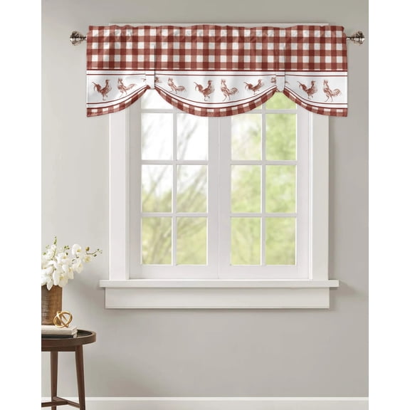 Tie Up Valance for Windows Farm Plaid Rooster Watercolor Retro Short Window Curtain Adjustable Tie Up Valance for Living Room Kitchen Window Drapes