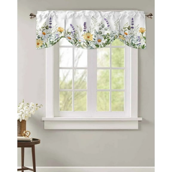 Tie Up Valance for Windows Spring Daisy Lavender Eucalyptus Kitchen Curtains Balcony Adjustable Roman Blinds Small Short Curtain for Living Room