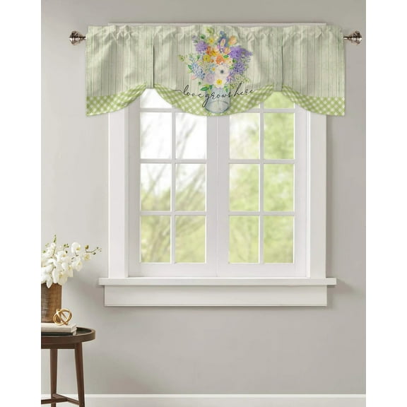 Tie Up Valance for Windows Spring Floral Watercolor Plaid Kitchen Curtains Balcony Adjustable Roman Blinds Small Short Curtain for Living Room