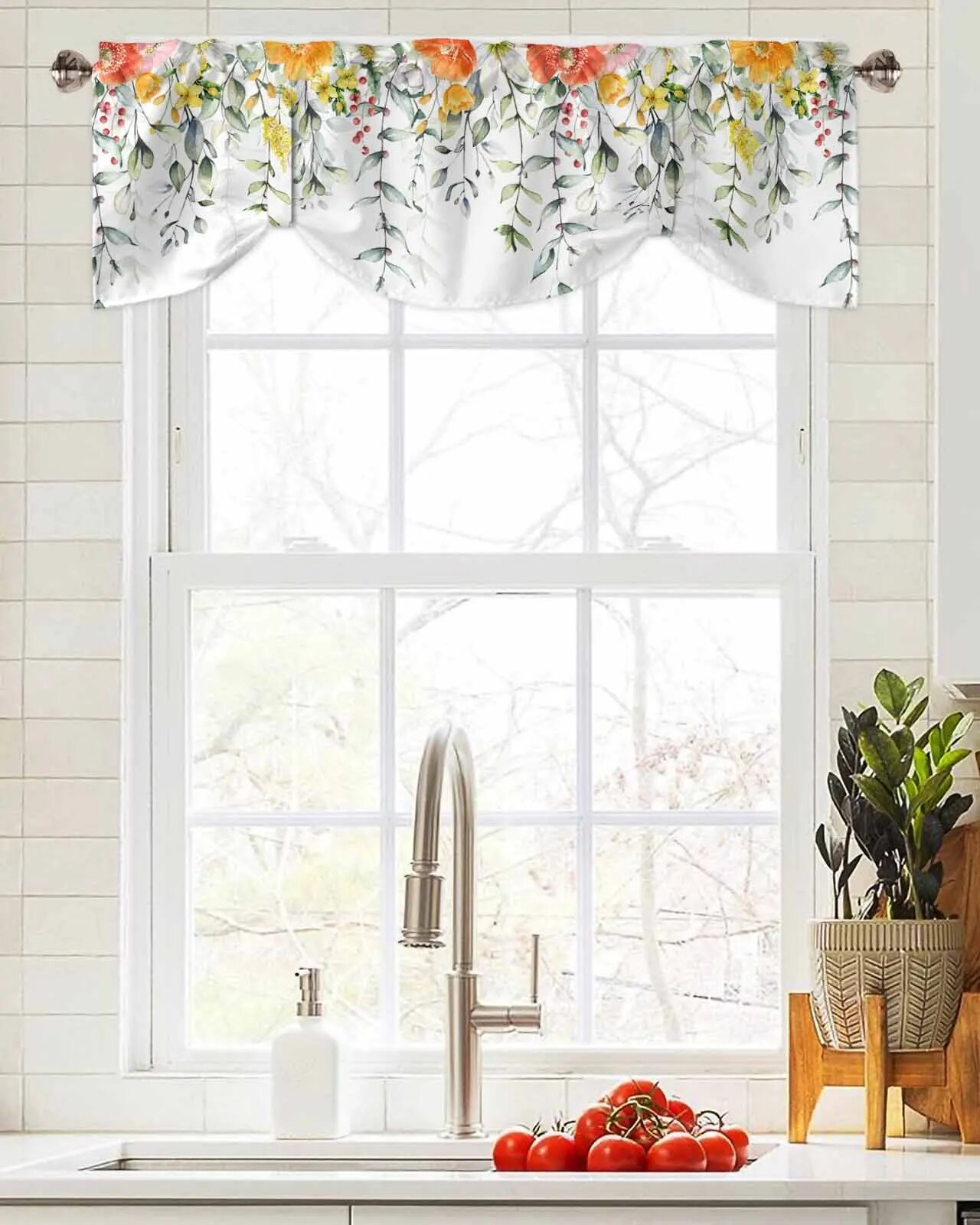 Tie Up Valance for Windows Spring Plants Wildflowers Leaves Short ...