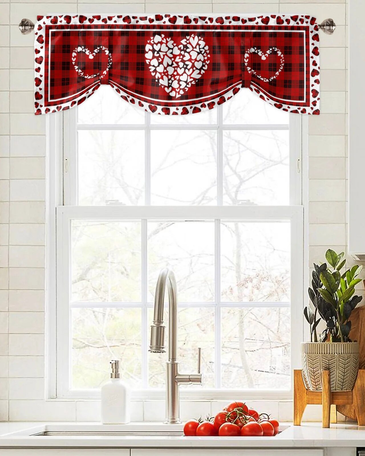 Tie Up Valance for Windows Valentine'S Day Hearts Texture Plaid Window ...