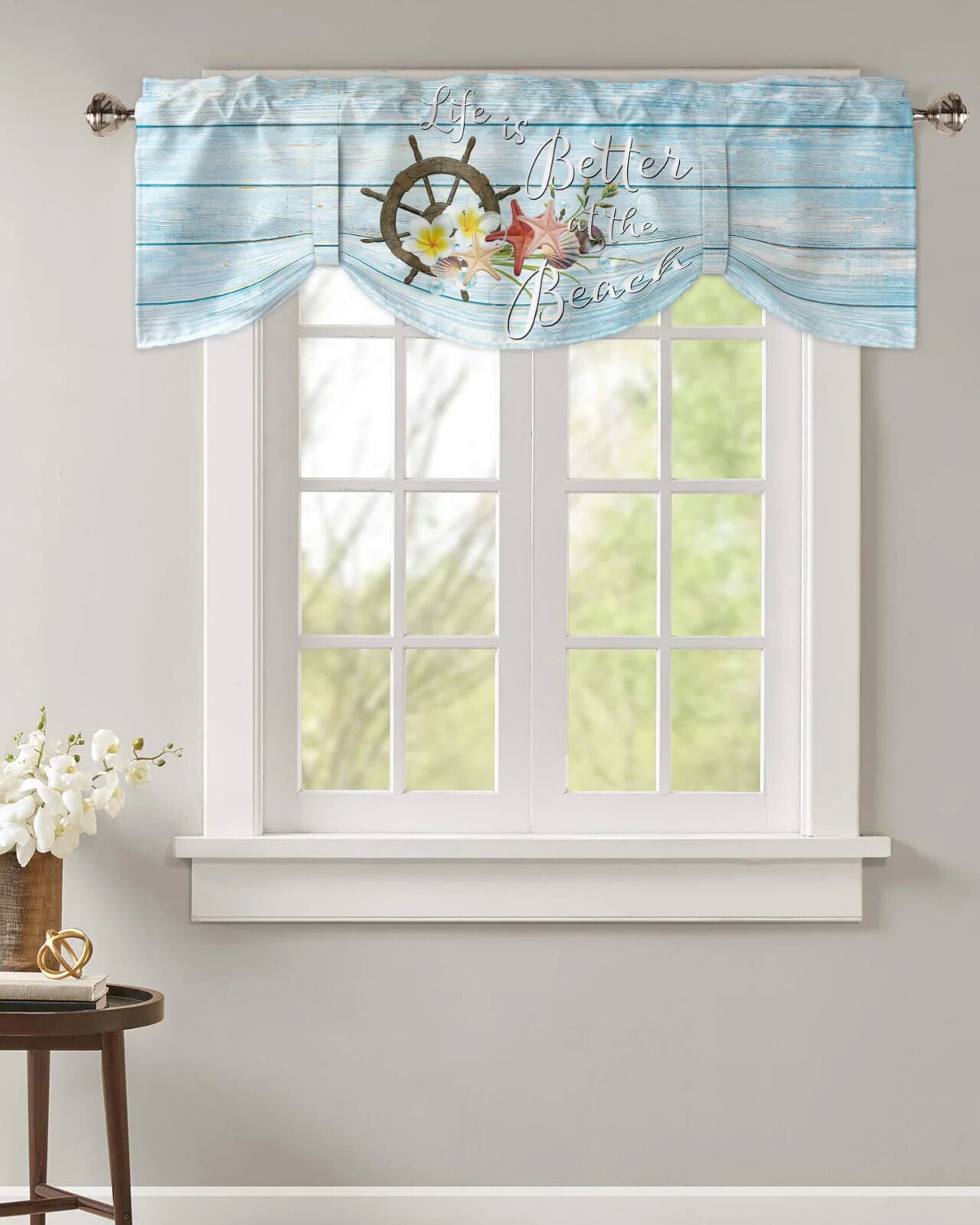 Tie Up Valance for Windows Wood Grain Flowers Rudder StarWindow Valance