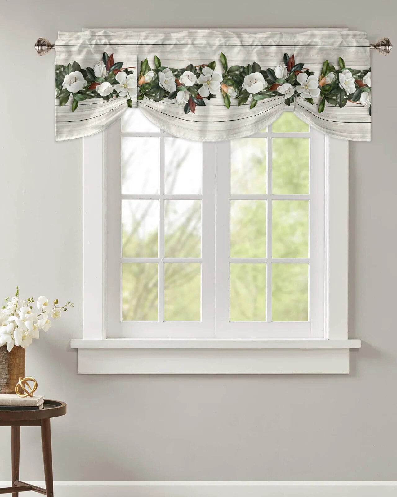 Tie Up Valance for Windows Wood Grain Magnolia Plant Flowers Window