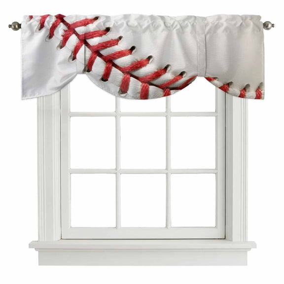 Tie Up Valance Baseball Valances for Windows Red White Texture Sports Ball Minimalist Balloon Shade Valance Window Treatment Short Curtain Valances for Living Room Kitchen Bedroom Bathroom 42"x12"