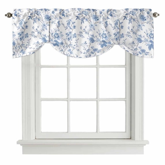Tie Up Valance Blue White Spring Floral Valances for Windows Summer Botanical Birds Balloon Shade Valance Window Treatment Short Curtain Valances for Living Room Kitchen Bedroom Bathroom 42"x12"