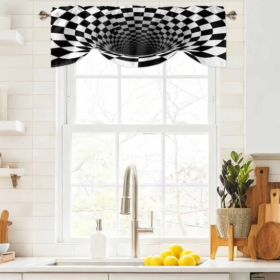 Tie Up Valance Curtain for Kitchen,Abstract Black White Checkered Rod Pocket Short Curtains Adjustable Tie-Up Shade Valances,Vortex Style Buffalo Plaid Window Treatment for Bathroom Living Room
