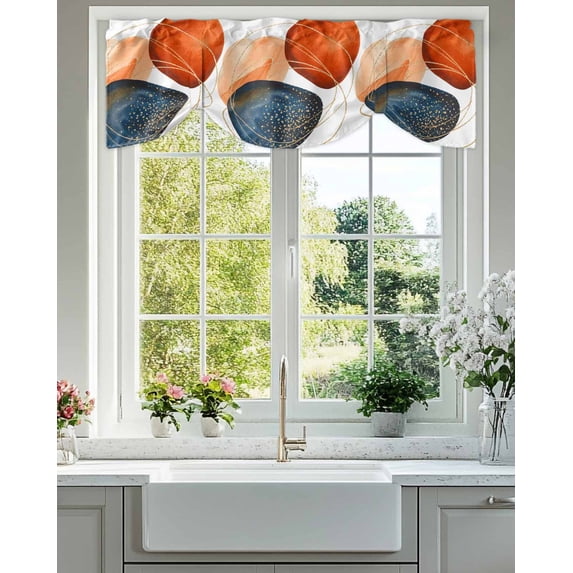 Tie Up Valance Curtain for Kitchen,Abstract Boho Geometric Line Rod Pocket Short Curtains Adjustable Tie-Up Shade Valances,Ombre Navy Blue Burnt Orange Window Treatment for Bathroom Living Room