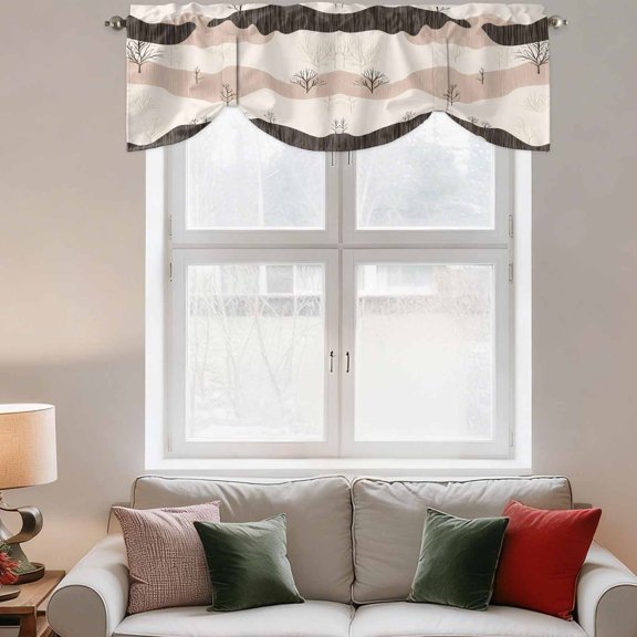 Tie Up Valance Curtain for Kitchen,Abstract Forest Mountain Landscape Rod Pocket Short Curtains Adjustable Tie-Up Shade Valances,Retro Geometric Stripes Window Treatment for Bathroom Bedroom