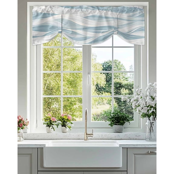 Tie Up Valance Curtain for Kitchen, Abstract Gradient Water Ripple Rod Pocket Short Curtains Adjustable Tie-Up Shade Valances, Ocean Sea Wave Light Blue White Window Treatment for Bedroom 42x12in