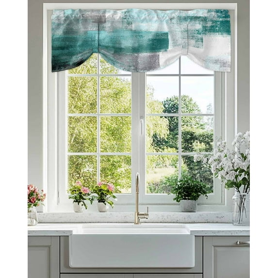 Tie Up Valance Curtain for Kitchen,Abstract Green Color Block Rod Pocket Short Curtains Adjustable Tie-Up Shade Valances,Retro Geometric Art Window Treatment for Bathroom Living Room Bedroom