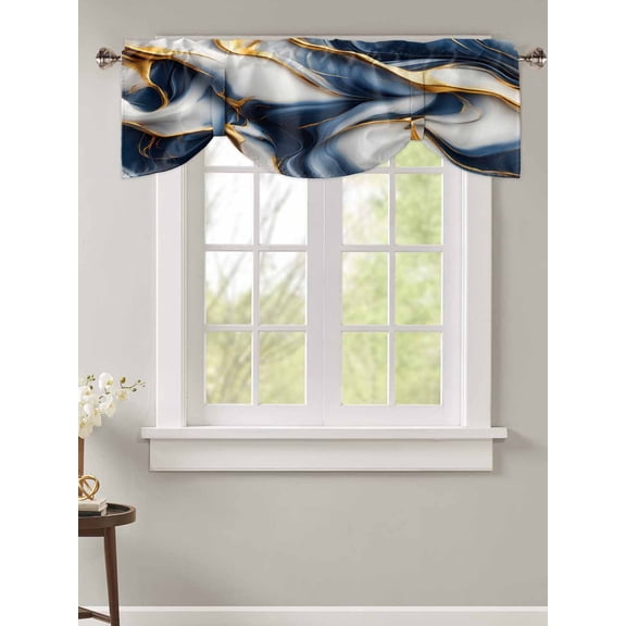 Tie Up Valance Curtain for Kitchen,Abstract Marble Dark Blue Gradient Rod Pocket Short Curtains Adjustable Tie-Up Shade Valances,Line Fluid Art Window Treatment for Bathroom Living Room Bedroom